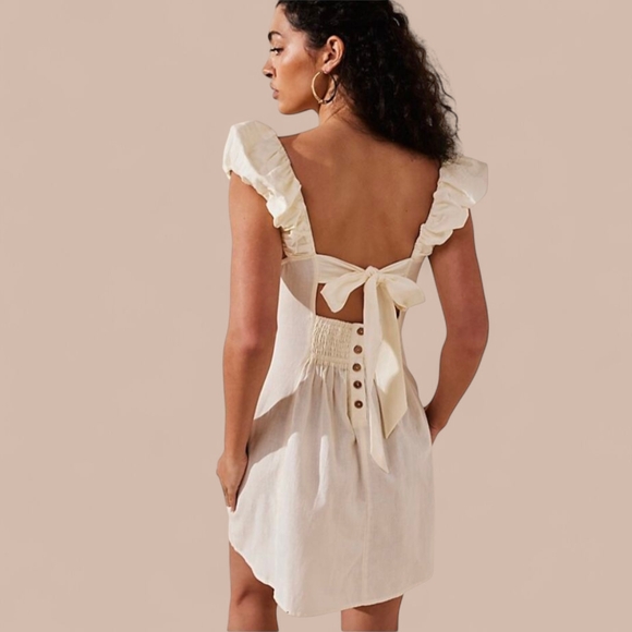 Free People Linen Bom‎ Bom Island Mini Sz L Puff Straps Cutout Bow Back Cottage - Picture 2 of 11